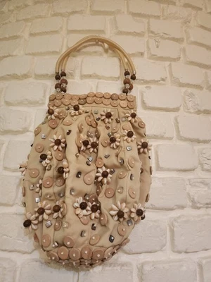 Cartera Sun N Sand Beige Concha Arte Madera Cuentas Botones Boho Foto 1 de 4