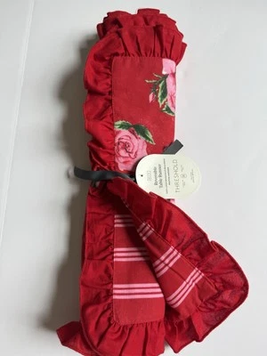 Reversible Table Runner Red Roses Pink Stripes Ruffled Edge 72x14" Threshold NWT - Image 1 of 4