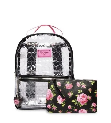 BETSEY JOHNSON Corazón Rosa Floral Transparente Mujer Mochila Grande + Bolsa NEGRO 2 PC Foto 1 de 4