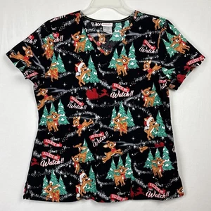 Rudolph the Red Nosed Reindeer Christmas Scrub Top Women's Large cotton tree - Picture 1 of 13