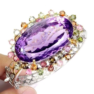 925 Sterling Silver Bangle Oval Amethyst 95ct Tourmaline Handmade Gemstone 6.7in - Picture 1 of 13