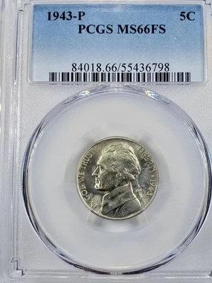 1943-P JEFFERSON NICKEL 5C PCGS MS66FS - FULL STEPS SILVER WAR NICKEL  - Image 1 of 4