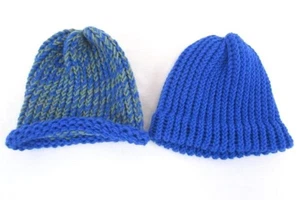 Lot of 2 Handmade Children's Crochet Beanies Blue & Green OSFM - Picture 1 of 5