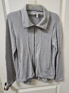 Eileen Fisher Women S Organic Cotton Zip Cardigan Sweater Light Grey Curved Hem - Picture 1 of 4