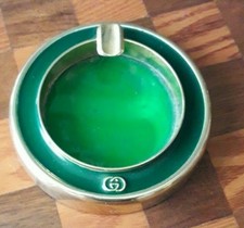 GUCCI POSACENERE ASHTRAY CENDRIER VINTAGE METALLO DORATO SMALTO E LEGNO