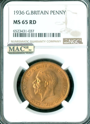 1936 GREAT BRITAIN PENNY NGC MS65 RD PQ 2ND FINEST MAC SPOTLESS  . - Image 1 of 2