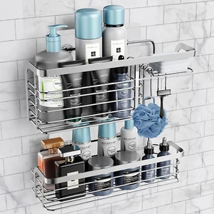 Adhesive Shower Caddy 2 Pack Shower Organizer Shelf, No Drilling Stainless Steel - Picture 1 of 12