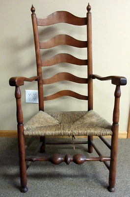 SOLID ANTIQUE CIRCA 1750 DELAWARE VALLEY SLAT BACK  ARMCHAIR W/ STRONG RUSH SEAT - Image 1 of 4