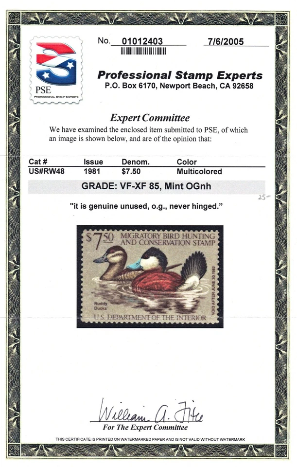 1981 Duck Hunting Stamp PSE 85 VF-XF Mint OGnh Unused RW48 - Image 1 of 1