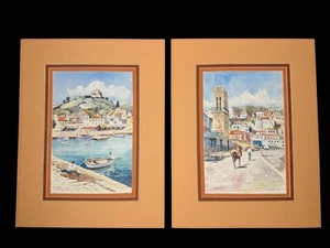 Original Watercolor Lot Of 2 Greek Islands Signed Artist George PAPADOPERAKIS - Picture 1 of 13