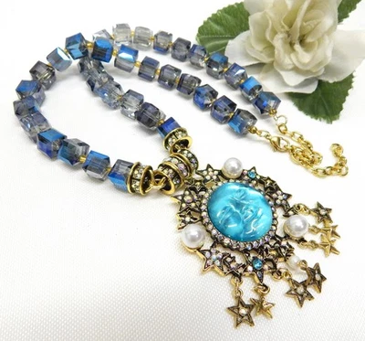 BLUE AURORA CRYSTAL BEAD, MAGNETIC REMOVABLE MOONFACE CHARM PENDANT NECKLACE 22" - Image 1 of 4