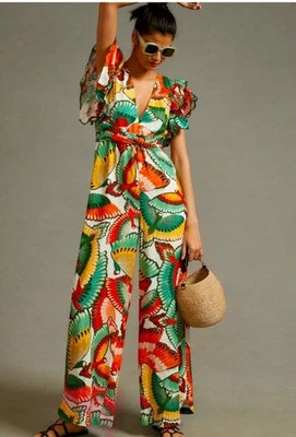 Farm Rio New Anthropologie Ruffle-Sleeve Linen Jumpsuit Size L NWT - Image 1 of 4