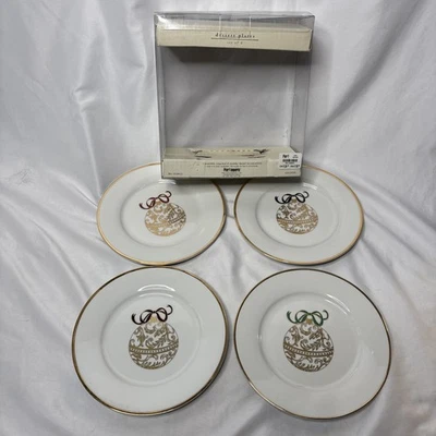 Set Of 4 Pier 1 Imports ORNAMENT 7.5" Dessert Plates Christmas Ribbon Gold Rim - Image 1 of 4