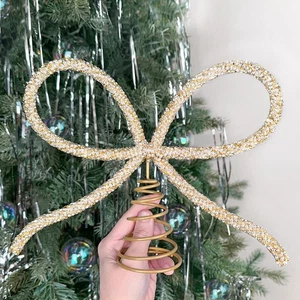 Christmas Decorations - Christmas Decor - Gold Glass Rhinestone Bow Tree Topp... - Picture 1 of 6