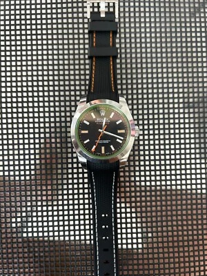 20mm BLACK “sailcloth pattern” rubber ORANGE/WHITE stitch Rolex Milgauss - Image 1 of 4