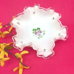 Vintage Fenton Violets in the Snow Milk Glass Silver Crest Candy Dish 6" - Picture 1 of 6