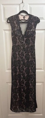 Betsy & Adam Black Lace Floral Nude Underlay Open Back Dress Size 4P - Image 1 of 4