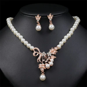 Charm White Pearl Drop Dangle Elegant Necklace Earring Wedding Jewelry Set Gift - Picture 1 of 9