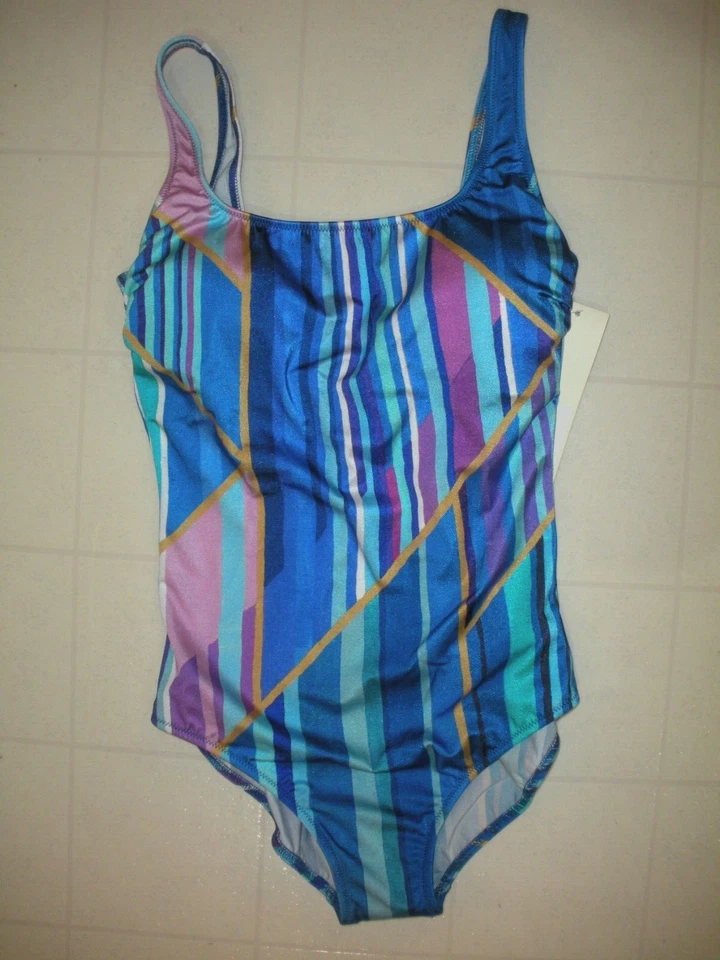 Gottex Blue Multicolor 1 PC V Neck Tank Style Swimsuit Sz 12