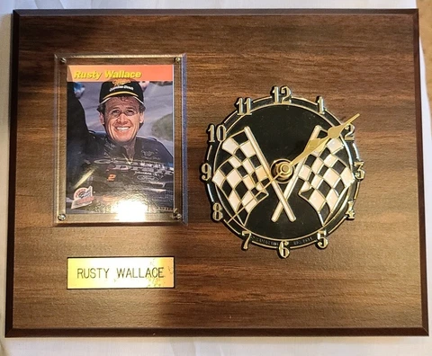 Vintage NASCAR Rusty Wallace Wood Plaque Clock with Power Winners Trading Card Cover