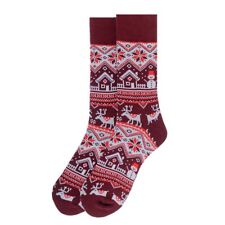 CHRISTMAS SNOWMAN AND REINDEER PATTERN RED PAIR OF NOVELTY SOCKS