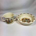 1984 Royal Doulton Bunnykins Outside Scenes Rimmed Baby Bowl With 2 Handle Cup