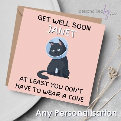 Personalised GET WELL SOON CARD CAT CONE Funny Theme Any Name including envelope - Image 1 of 2