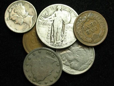 🔥OLD SIX COIN LOT INDIAN CENT SILVER DIME QUARTER 1909 WHEAT BUFFALO V NICKEL🔥 - Image 1 of 2