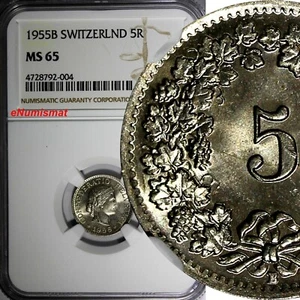 SWITZERLAND Copper-Nickel 1955 B 5 Rappen NGC MS65 HELVETICA KM# 26 (004) - Picture 1 of 4