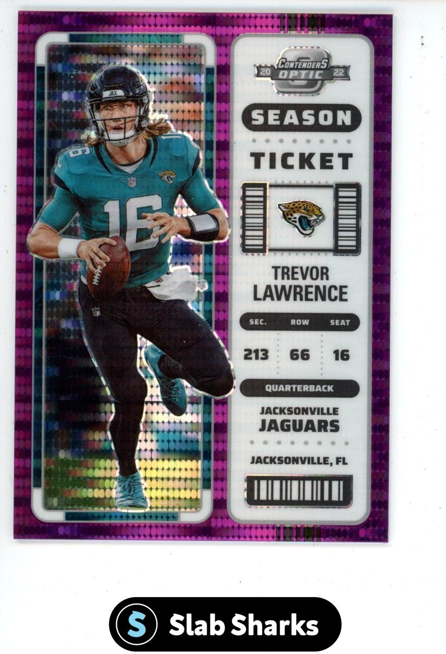 2022 CONTENDERS OPTIC #30 TREVOR LAWRENCE SEASON TICKET PURPLE PULSAR /26 SP