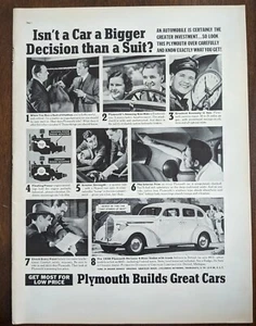 1938 vintage Plymouth print ad. Pre world war II Advertisement  - Imagen 1 de 1