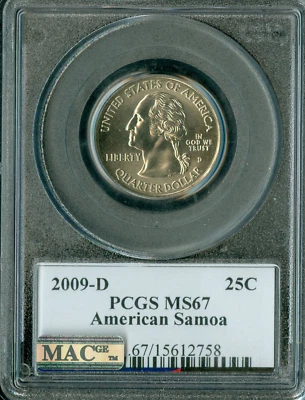 2009 D AMERICAN SAMOA FLAG QUARTER PCGS MS67 PQ 2ND FINEST MAC SPOTLESS * - Image 1 of 2