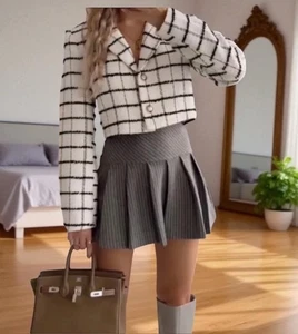 Blazer Zara donna M bianco misto lana tweed a quadri nero bottoni oro cropped NUOVO - Foto 1 di 14