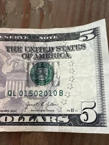 $5 Dollar Bill Birthday Note January 5th, 2010 Circulated Condition Fancy Serial - Picture 1 of 2