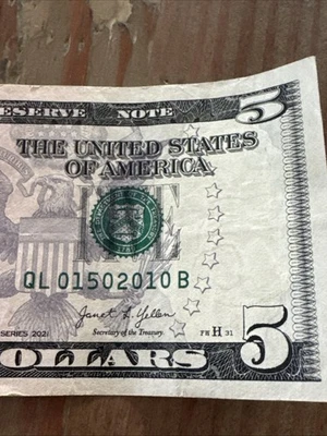 $5 Dollar Bill Birthday Note January 5th, 2010 Circulated Condition Fancy Serial - Image 1 of 2