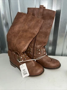 Brown faux-leather mid-calf boots with decorative straps Size 3 - Picture 1 of 18