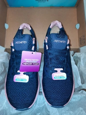 女士 Skechers 尺码 6.5 Brisk Escape 运动鞋海军蓝/粉色全新带盒 — 第 1/4 张图片