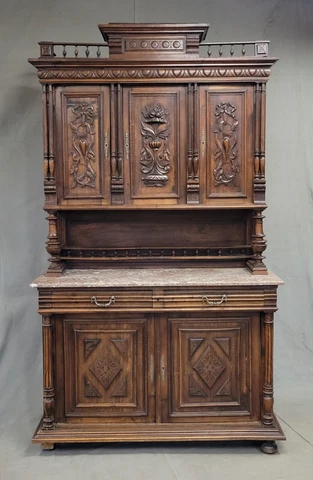 Antique 1880s French Walnut and Marble Hunt Cabinet Cover