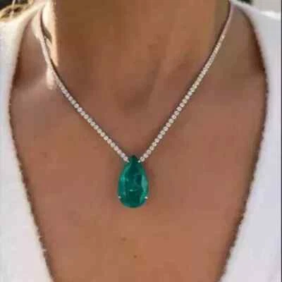 15 Ct Lab Created Pear Cut Green & Diam14k White Gold Plated Tennis Necklace 18” - Image 1 of 4