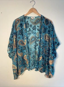 Umgee Size S/M Teal Floral Paisley Velvet Burnout Open Front Kimono Cardigan EUC - Picture 1 of 8