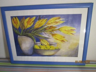 Large Art Print Poster - Still Life - Fruit Basket + Flowers IN Wood Frame H1 - Image 1 of 4