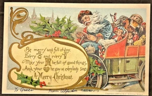 Merry Christmas Embossed Blue Suited Wild eyed Santa Driving a Car w Presents - Picture 1 of 2