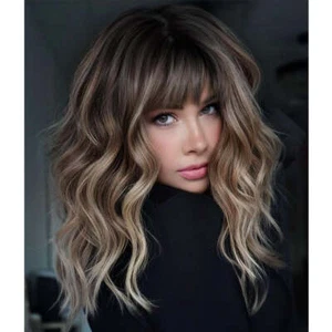Ash Brown Blonde Lace Front Wigs Highlight Wave Wig With Bangs 100% Human Hair - Picture 1 of 5