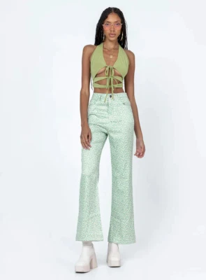 Princess Polly Green Animal Print Ryllie Flare Leg Pants US 4 NWT - Image 1 of 4