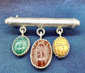 Vintage Sterling Silver Scarab Brooch 1960s Egyptian Revival Gemstones  - Picture 1 of 6