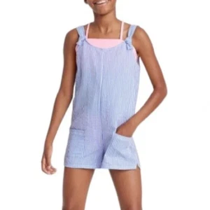 Girl's Sleeveless Striped Cover Up Romper w/ Pockets Size L (10/12) Blue/White - Picture 1 of 6