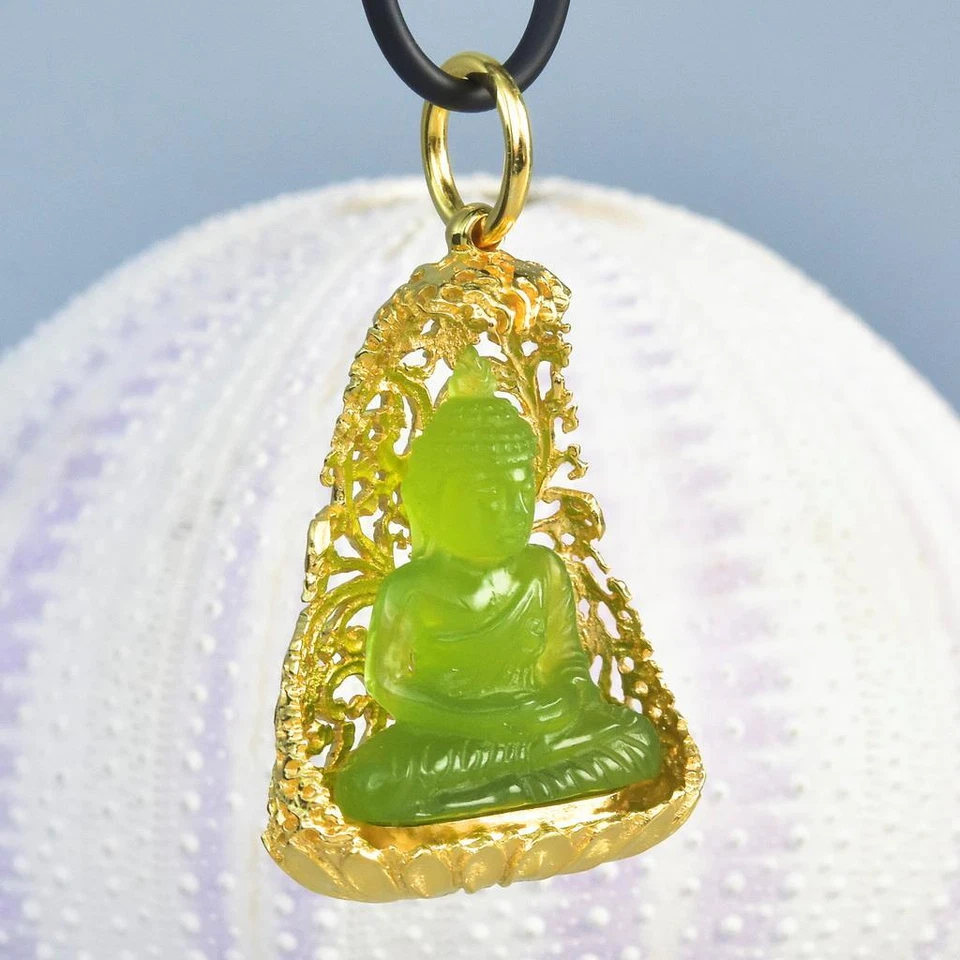 Buddha Image Gold Vermeil Sterling Bodhi Tree Green Chalcedony Pendant 13.48 g - Image 1 of 4