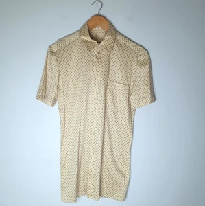 Men's vintage beige patterned short sleeve handmade button up shirt casual - Picture 1 of 3