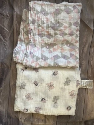 baby Muslin Cotton Swaddle Blanket 2 Lot Aden and Anais ladybugs butterfly pink - Image 1 of 3