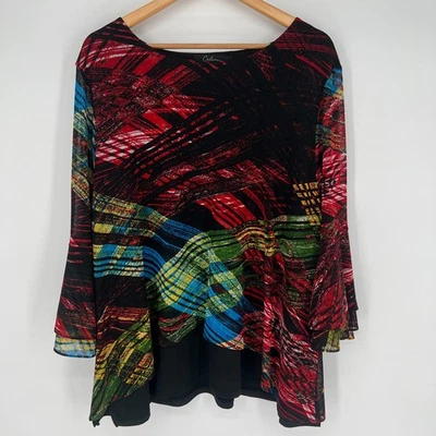 Top túnica Calessa para mujer talla 2X abstracto multicolor manga campana malla elástica Foto 1 de 4